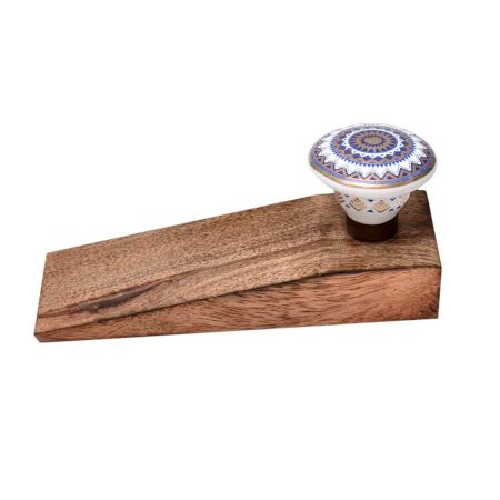 Blue and Golden Wheel Pattern Flat Ceramic Wooden Door Stopper